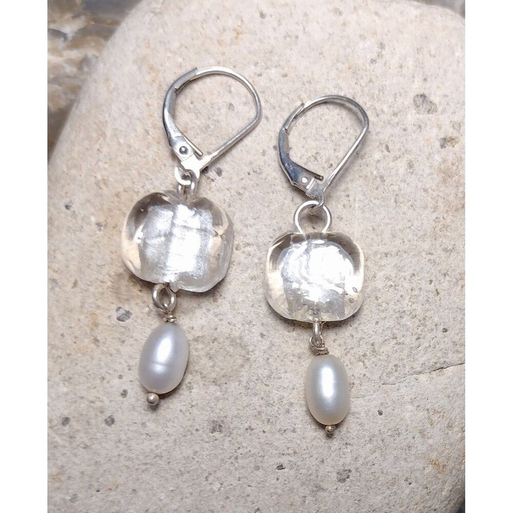 Vintage Murano Foil Art Glass Pearl Sterling Silver Earrings